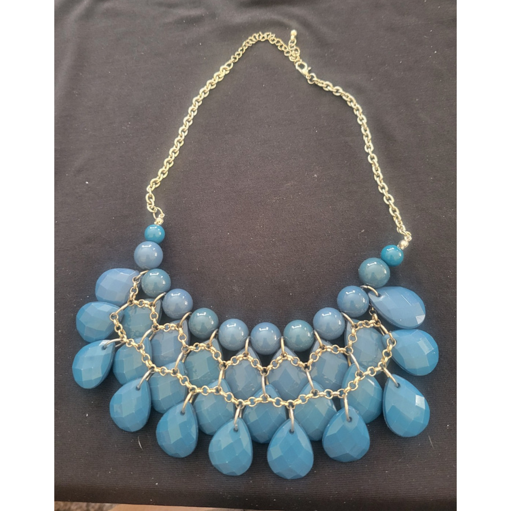 Blue Statement Necklace 15–18” Beaded Bib Layered Retro Glam tear drop - Picture 6 of 6